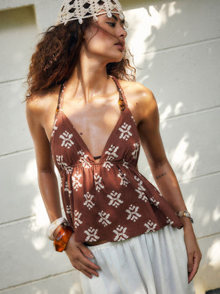 Linen-blend Aztec Graphic V-neck Halter Braided Peplum Hem Cami Blouse