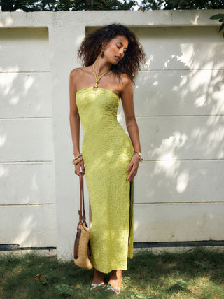 Textured Cotton-blend Halter Neckline Ruched Cut Out Bodycon Maxi Dress
