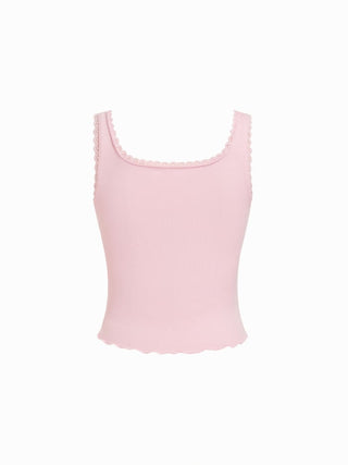 Floral Graphic Square Neck Lace Trim Rhinestone Slim Crop Tank Top
