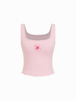 Floral Graphic Square Neck Lace Trim Rhinestone Slim Crop Tank Top