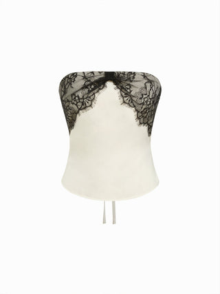 Satin Strapless Lace Panel Tie Back Bandeau Top