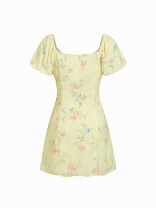 Abstract Print Sweetheart Puff Sleeve A-line Mini Dress