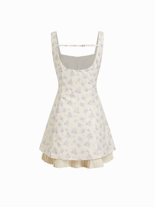 Cotton-blend Floral Sweetheart Neck Pleated A-line Mini Dress