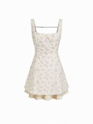 Cotton-blend Floral Sweetheart Neck Pleated A-line Mini Dress
