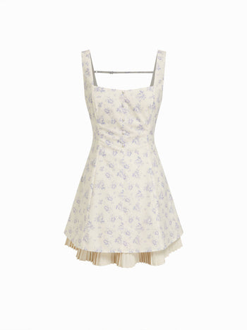 Cotton-blend Floral Sweetheart Neck Pleated A-line Mini Dress