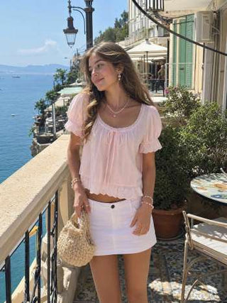 Cotton Lace Trim Knotted Short Puff Sleeve Blouse