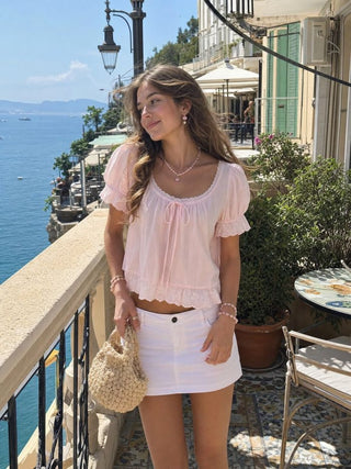 Cotton Lace Trim Knotted Short Puff Sleeve Blouse