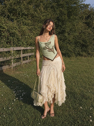 Floral Graphic Asymmetrical Neck Beaded Top