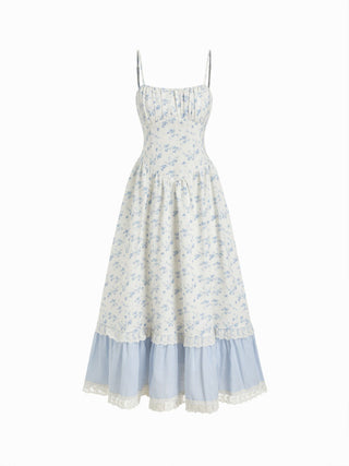 Ditsy Floral Striped Ruched Lace Panel Tiered Cami Maxi Dress