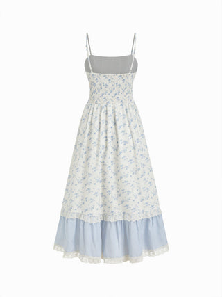 Ditsy Floral Striped Ruched Lace Panel Tiered Cami Maxi Dress