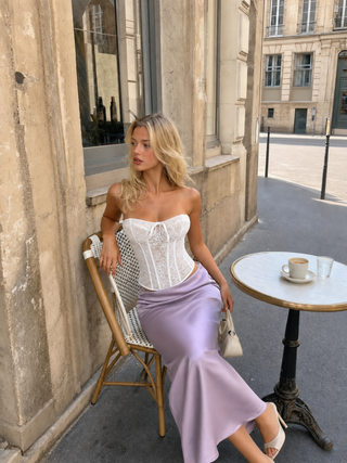 Satin Mid Rise Ruffle Bias Maxi Skirt