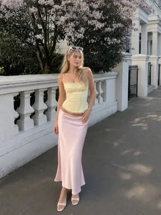 Satin Mid Rise Ruffle Bias Maxi Skirt