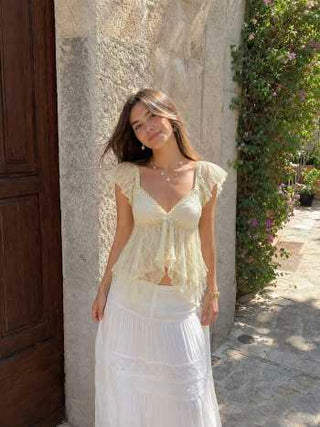 Lace Sweetheart Neck Ruffle Sleeve Bowknot Asymmetrical Hem Top