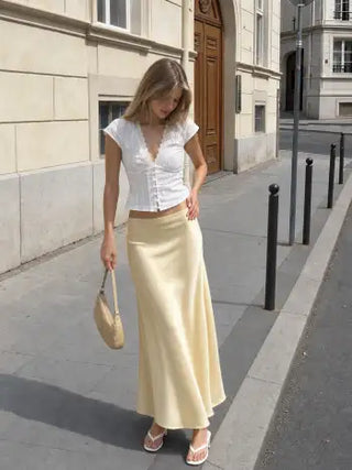 Satin Mid Rise Ruffle Bias Maxi Skirt