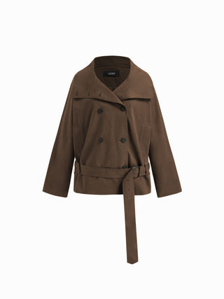 Multi-way Cotton Funnel Neck Double Breasted Oversized Windbreaker With Belt