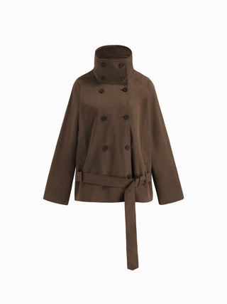 Multi-way Cotton Funnel Neck Double Breasted Oversized Windbreaker With Belt