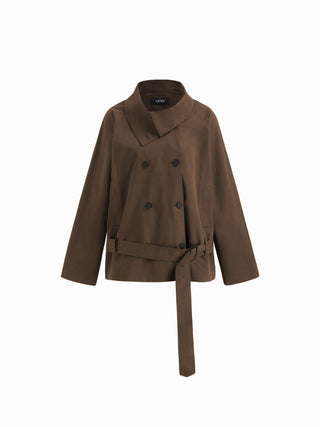 Multi-way Cotton Funnel Neck Double Breasted Oversized Windbreaker With Belt