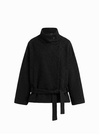 Wool-look Stand Collar Long Sleeve Jacket With Belt