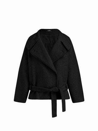 Wool-look Stand Collar Long Sleeve Jacket With Belt