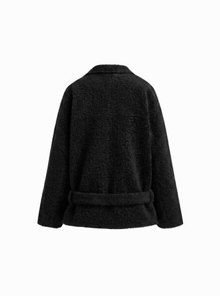 Wool-look Stand Collar Long Sleeve Jacket With Belt