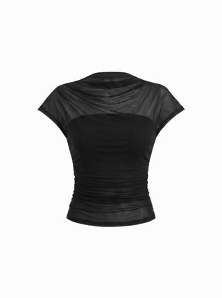 Mesh High Neck Sleeveless Draped Ruched Top