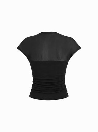 Mesh High Neck Sleeveless Draped Ruched Top