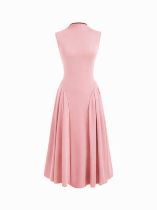 High Neck Solid Pocket Ruffle Midi Dress
