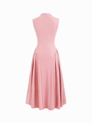 High Neck Solid Pocket Ruffle Midi Dress