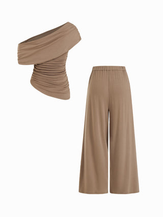 Asymmetrical Neck Ruched Top & Mid Rise Wide Leg Trousers Set