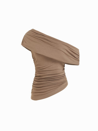 Asymmetrical Neck Ruched Top & Mid Rise Wide Leg Trousers Set