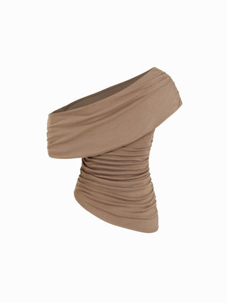 Asymmetrical Neck Ruched Top & Mid Rise Wide Leg Trousers Set