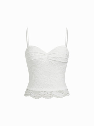 Lace V-neck Scallop Trim Ruched Cami Top