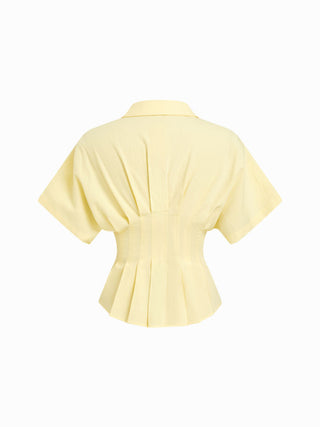 Linen-blend Linen-blend Collar V-neck Pleated Short Sleeve Shirt For Work