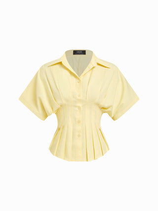Linen-blend Linen-blend Collar V-neck Pleated Short Sleeve Shirt For Work