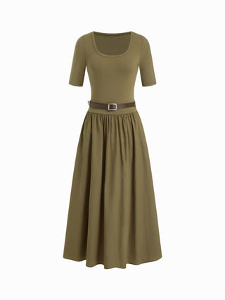Cotton-blend Scoop Neckline Short Sleeve Pocket A-line Maxi Dress With Belt
