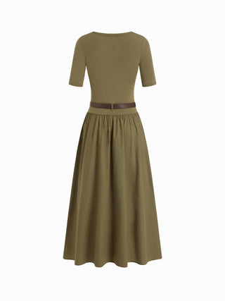 Cotton-blend Scoop Neckline Short Sleeve Pocket A-line Maxi Dress With Belt