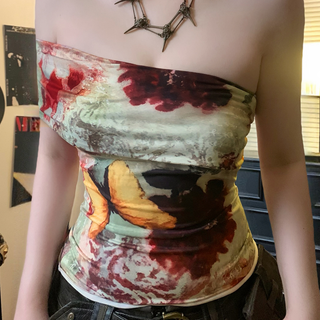 One shoulder irregular butterfly print tube top