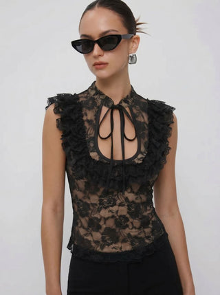 Lace Floral Mandarin Collar Tie Front Top