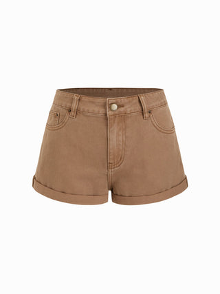 Denim Low Rise Washed Metal Detail Roll Hem Micro Shorts