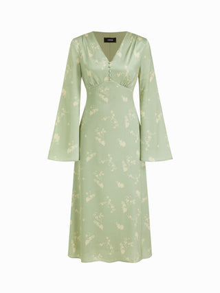 Satin V-neck Floral Lace Up Bell Sleeve Maxi Dress
