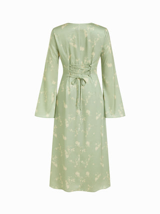 Satin V-neck Floral Lace Up Bell Sleeve Maxi Dress