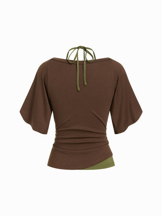 Halter Neck Top & V-neck Ruched Bell Sleeve Tee