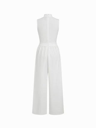 High Neck Solid Cut Out Patched Wide Leg Jumpsuit