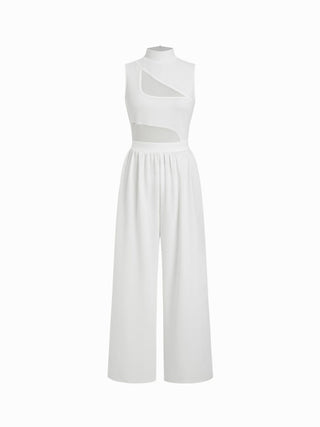 High Neck Solid Cut Out Patched Wide Leg Jumpsuit