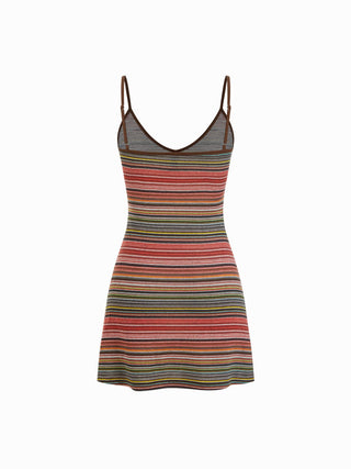 Knit V-neck Striped Flared Mini Dress