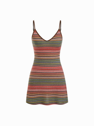Knit V-neck Striped Flared Mini Dress