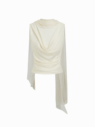 Cowl Neck Draped Cloak Sleeve Slim Tank Top With Scarf