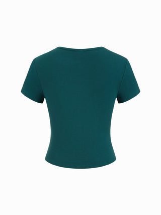 Round Neckline Solid Button Short Sleeve Top