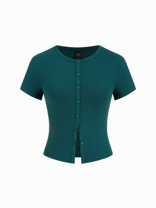Round Neckline Solid Button Short Sleeve Top