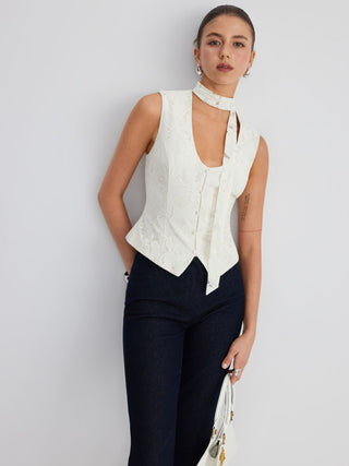 Lace U-Neckline Floral Button Blazer Vest